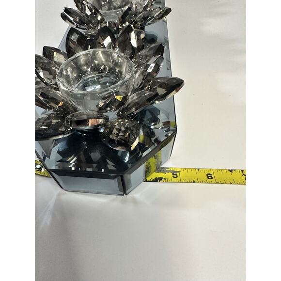 Triple Crystal Candle Holder Gray Mirror Base Lotus Flower Zen Light - No Candle - Picture 10 of 11